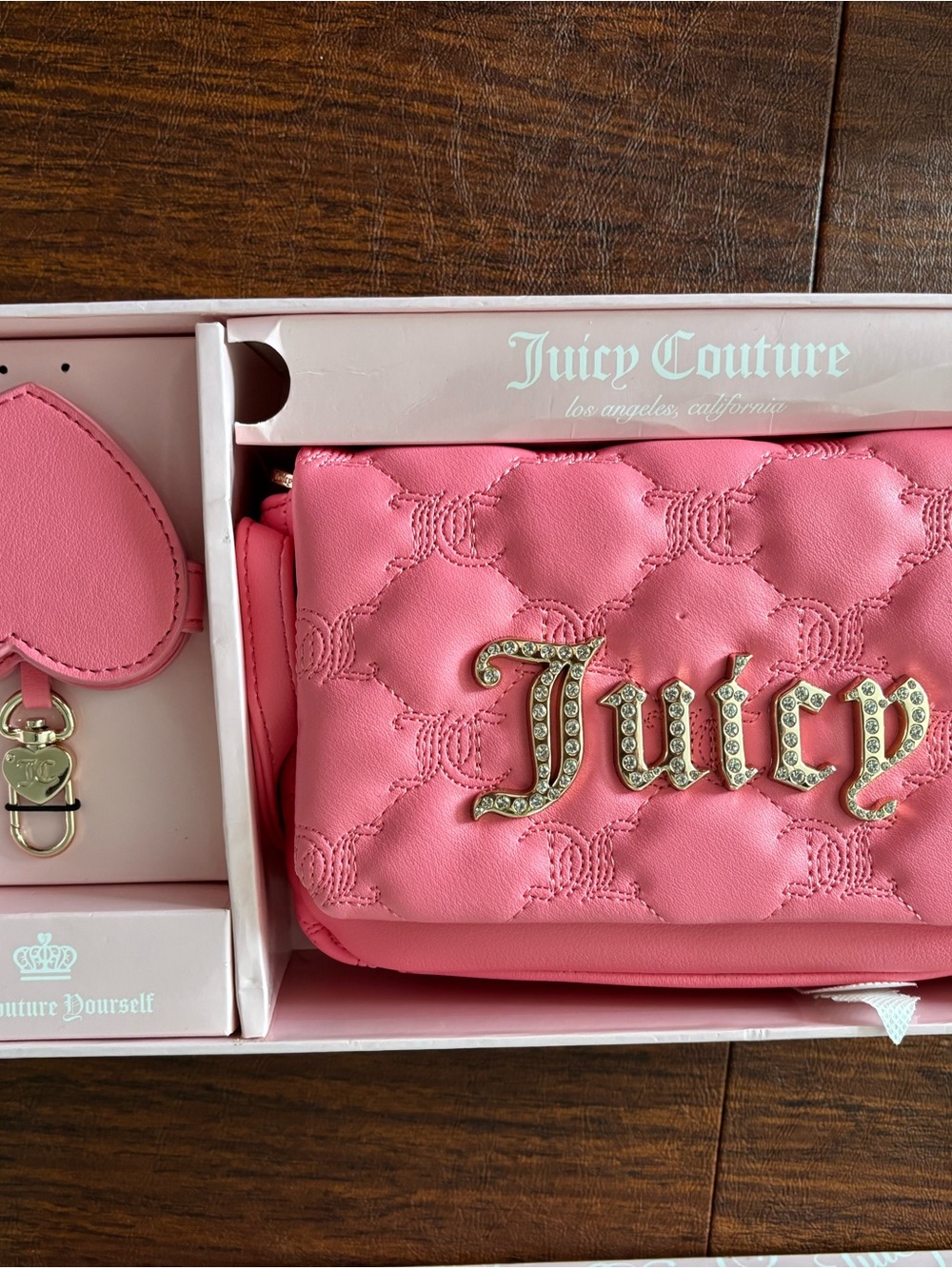 Juicy Couture Pink Quilted Logo Mini Crossbody with Keychain and Bag Charm